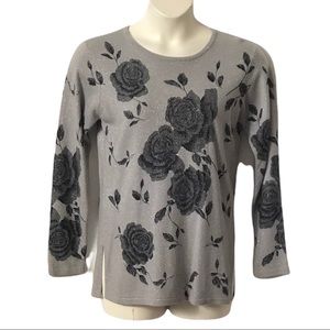 Cathy Daniels women silver gray and black floral 100% cashmere like sweater Sz S